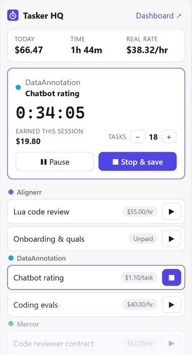 The Tasker HQ popup with a timer running on a per-task project